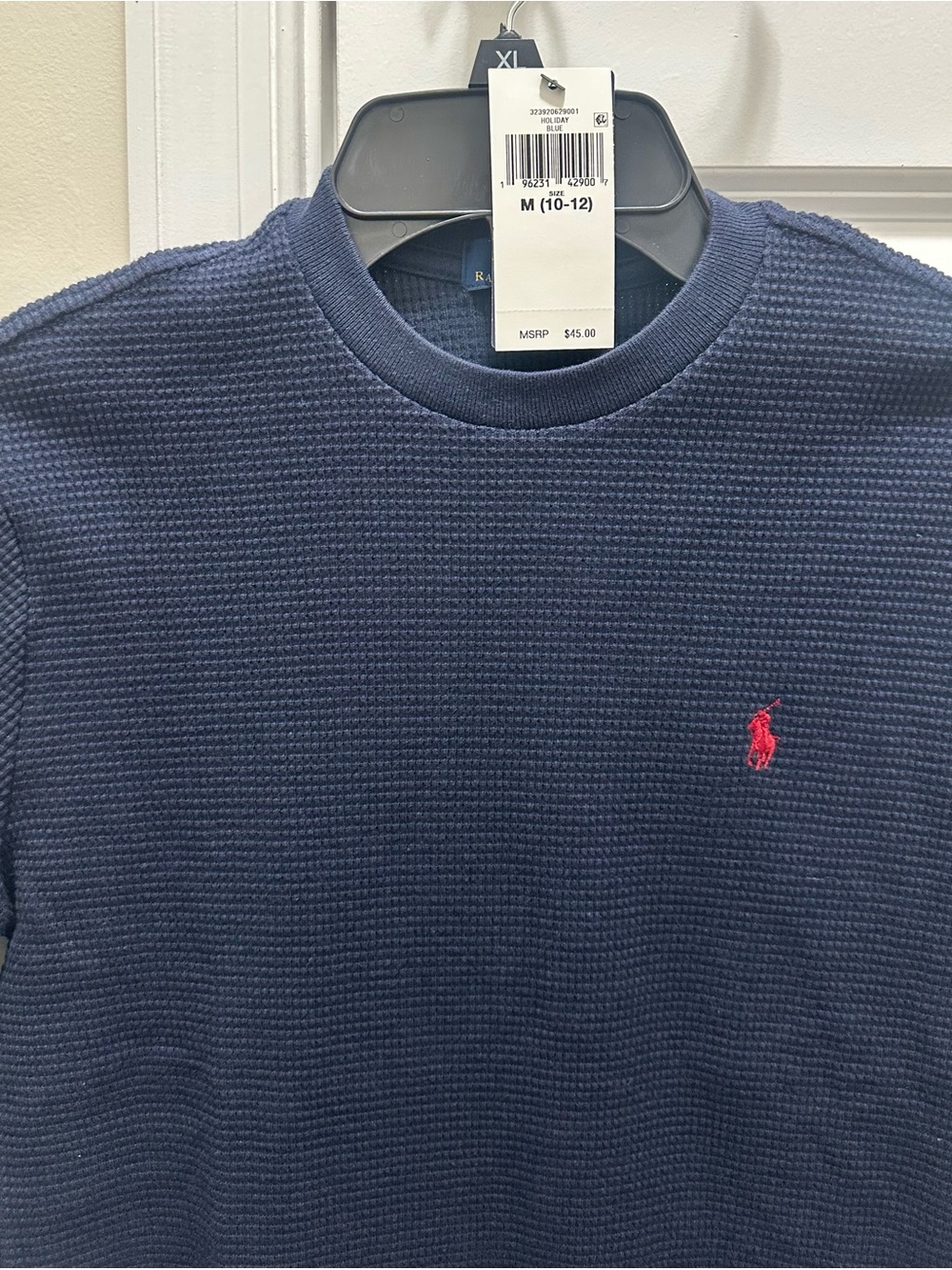 Ralph Lauren Navy Textured Crewneck Sweater with Red Pony Logo size M 10-12